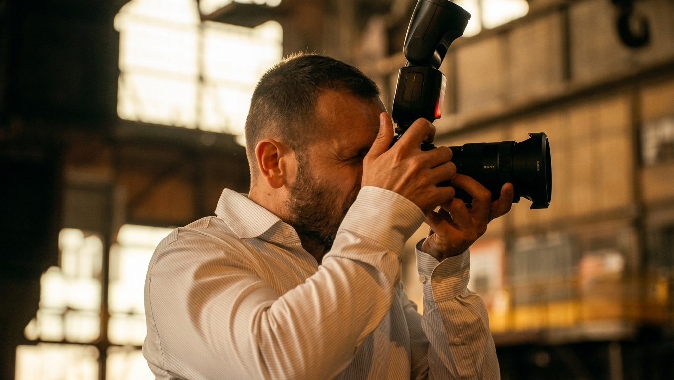 The photographer at work with a camera in an industrial hall